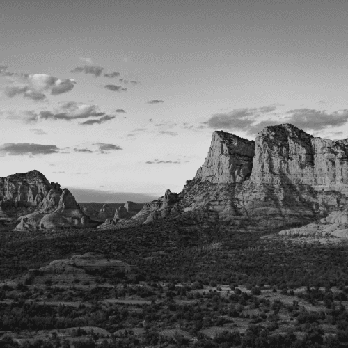 Black and white photo of Arizona red rocks