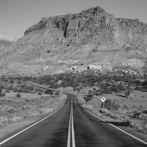 Black and white photo of red rocks in Utah